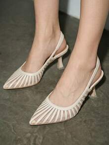 Bholvia New Elegant Women High Heel Shoes, Casual Sexy Fashion Mesh Backless Commuting & Dating Mid Heel Pumps,Kitten Heels - Beige - View 2