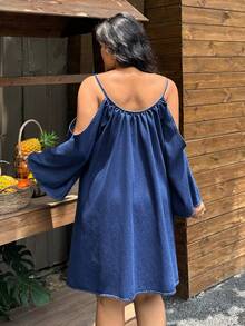Breezaya Gaun Denim Kasual Tanpa Bahu Ukuran Plus - Biru - View 2