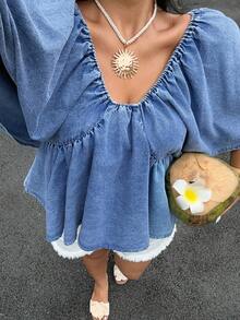 Sunnyshic Plus Size Women V-Neck Ruched Casual Versatile Denim Top For Daily Wear - Blue - View 4