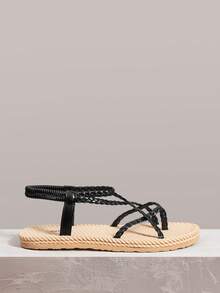 Styleloop Sandal Datar Wanita Anyaman dengan Gesper, Hitam, Sol Mirip Tali, Desain Cincin Jari Kaki, Desain Tali Romawi, Suasana Liburan, Pakaian Musim Panas, Perlengkapan Perjalanan - Hitam - View 2