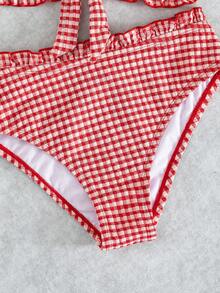 Swim Mod 女款1950年代復古紅白條紋格紋比基尼套裝，2件式夏季可愛海灘度假泳衣，附平口荷葉邊上衣與泳褲 - 紅色 - 查看 6