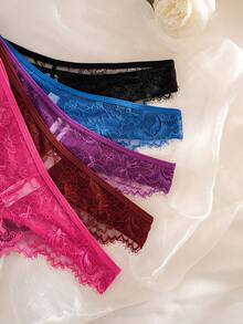 SHEIN Set de 5 bragas tipo tanga de tela acanalada con aplicaciones de encaje - Multicolor - View 4