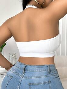 SHEIN Plus Size Solid Color Mesh Patchwork Open Back Halter Bra - White - View 2