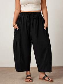 Enliva Plus Size Loose Fit Drawstring Casual Cropped Pants - Black - View 4