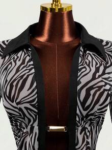 Mistrie Women's Zebra Print Flare Sleeve Fashionable Sexy Elegant Blouse Night Out Club Night White And Black Summer - Black - View 3