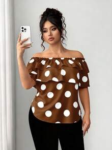 Elenzga Plus Size Women Classic Polka Dot Print Ruffle Off-Shoulder Blouse - Mocha Brown - View 3