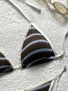 Soleia Ensemble de bikini à rayures sexy et décolleté pour femmes, été - Taupe - Voir 4