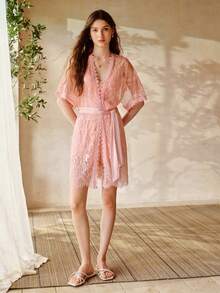 MOTF PREMIUM WOMEN'S LACE EMBROIDERED ROBE, ROMANTIC STYLE FOR SPRING/SUMMER - Pink - View 5