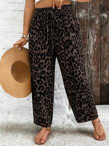 SHEIN VCAY Plus Size Drawstring Waist Loose Leopard Print Paper Bag Pants - Multicolor - View 3