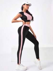 SHEIN Rhythm Era 2件組休閒百搭大尺碼拉鍊設計字母印花修身褲運動套裝 - 彩色 - 查看 6