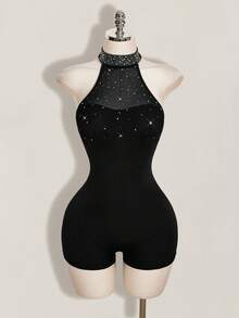 SHEIN ICON Women's Rhinestone Decor Halter Neck Romper Unitard - Black - View 3