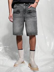 IRON GLYPH Men's Casual Street Style Zipper Detail Slant Pocket Denim Shorts , Dark Grey, Holiday - Dark Grey - View 4