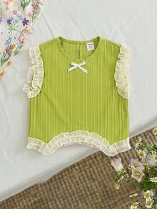 Baby Girls' Light Green Ruffle Bow Top Paired With Apricot Casual Pants, Cute Outfit For Daily, Vacation, Commute - Green - View 5