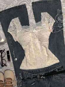 Glimmora Blusa de encaje con lazo talla grande - Albaricoque - Ver 3
