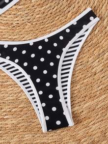 Swim Mod 女款夏季新款波點條紋印花可反穿式抹胸比基尼，時尚海灘派對度假泳衣，黑白性感熱帶風 - 黑與白 - 查看 4