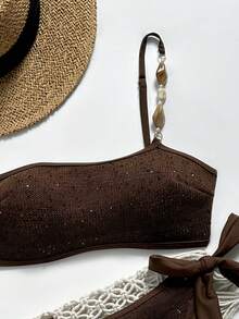 Bonvoyette 2pcsWomen's New Swimwear Set, Side Tie Design,One Shoulder Beaded Accent Coffee Brown Shiny Sequin FabricSuitable For Beach VacationParty, Photo Shoot - Multicolor - View 7