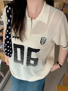 Dazy Plus 宽松休闲字母提花 Polo 领学院风春夏加大码针织女式上衣 - 杏色 - 查看 1