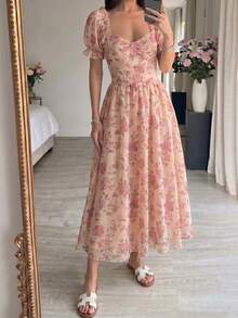 Modelyn Petite 女士春夏编织镂空腰部A字优雅浪漫花瓣袖中长连衣裙 - 彩色 - 查看 6