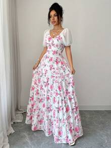 Elenzga Đầm nữ thời trang in hoa, phối lưới, ôm eo, lãng mạn, thanh lịch, thích hợp đi làm, hẹn hò, đi nghỉ mát, đi biển, dự tiệc tối, mùa xuân/hè. - Nhiều màu - Xem 8