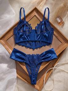 Crystal Vow 2pcs Bridal Lingerie Set: Silver-White Lace Satin Fabric + Floral Lace Embroidery Bustier Bra With Underwire Support + Low-Waist Ruched Panty - Blue - View 8