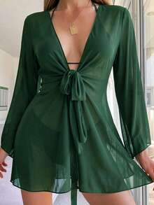 Swim Chiccia 女士纯色系结前开襟和服罩衫 - 墨綠色 - 查看 3