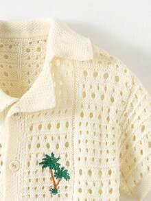 Kids 2pcs Tween Boy Casual Vacation Palm Tree Crochet Texture Polo Collar Autumn Winter Cardigan And Shorts Set, Comfortable & Versatile - Apricot - View 3