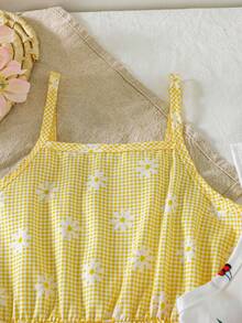 SHEIN Genkimix Kids 2pcs/Set Tween Girls Summer Cute White Floral Vacation Holiday Off Shoulder Adjustable Strap Patchwork Cake Hem Dress,Cherry Print,Daisy Plaid Dress - Multicolor - View 5
