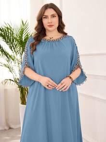 Lacomfia Fashionable & Elegant Plus Size Women Applique Decor 3/4 Sleeve Dress Fall - Blue Day - View 1