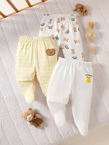 SHEIN Newborn Baby Casual Cute Cartoon Bear Striped Print Footie Pants - Yellow - View 6