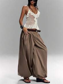 LYSMO Top de camisola de punto de uso diario versátil y casual con volantes y diseño calado de unicolor para mujer - Beis - Ver 4