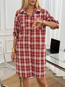 Easowa Women's Plaid Single-Breasted Casual Business Graduation Party Everyday Golf Office Midi Dress Back-To-School Red And White Plaid Summer 4th Of July - Red and White - View 3
