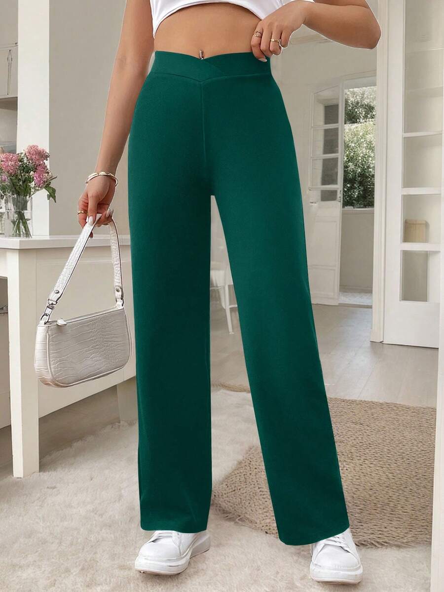 SHEIN Frenchy 女士休闲优雅重叠腰部直筒裤 - 墨綠色 - 查看 1
