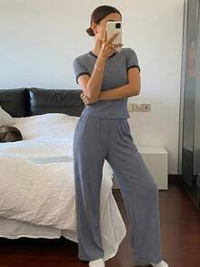 DAZY Women's Round Neck Striped Short Sleeve Top And Long Pants Casual Daily Homewear Set - Navy Blue - View 5