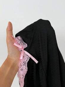 ZzzCrew Bow Decor Fitted Knit Nightgown - Black - View 4