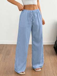 EMERY ROSE Plus Size Women Casual Solid Color Wide Leg Pants, Autumn Clothing Material, Big Size Trousers Fall - Sky Blue - View 6