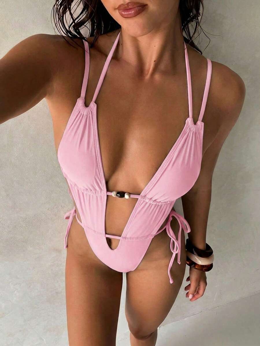 Aloruh Women's Solid Hot Pink Swimsuit, Structured Sexy Tropical Elegant One-Piece Retro Bohemian Beaded Decoration Beach Vacation Outfit Summer - Baby Pink - View 1