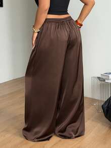 Coolane Plus Size Women Solid Color Drawstring Waist Pockets Wide Leg Loose Casual Pants - Coffee Brown - View 4