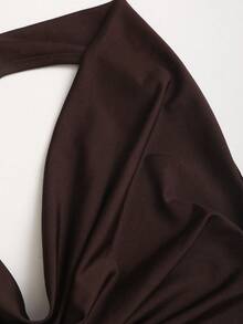 Sweetra Swing Neck Contrast Lace Trim Top, Waist Cinching Design, Daily Wear Date Night Club Outings Halloween Dark Brown Summer Sexy - Coffee Brown - View 4