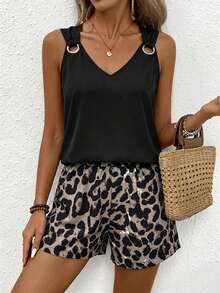 Conjunto de dos piezas casual para mujer con rayas, cuello en V y sin mangas - Negro - Ver 5