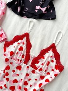 SweetSlumber 3pcs/Set Sweet Cute Y2K Vibrant Heart Bow Wave Vertical Stripe Print Colorblock Lace Trim Fitted Cami Top Women's Pajamas - Multicolor - View 5