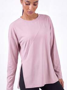 SHEIN BASICS 女款圓領長袖印花休閒戶外T恤開衩素色T恤登山女裝運動衫 - 粉色 - 查看 4