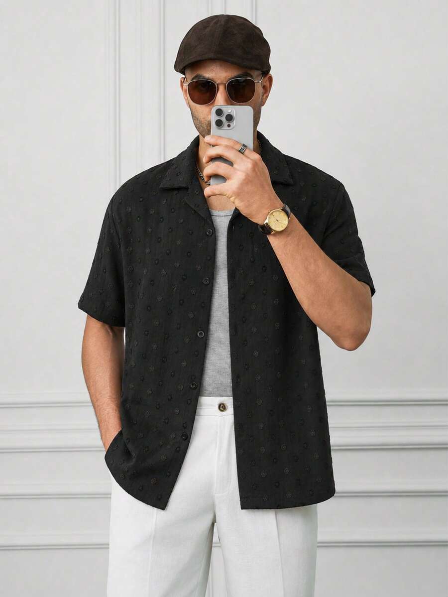 HUEFORM Men's Textured Summer Casual Front Button Short Sleeve Shirt Vacation Black Polka Dot - Black - View 1