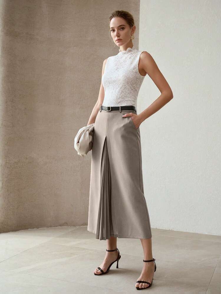 WOMEN'S FASHION PLEATED PATCHWORK SOLID COLOR SKIRT