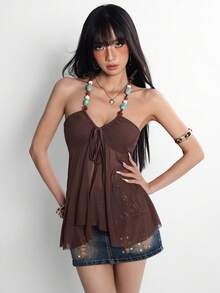 INAWLY Women's Sexy Boho Coffee Brown Strapless Camisole Top, A-Line Draping Design Slimming, Summer Beach Vacation Club Vibe - Brown - View 1