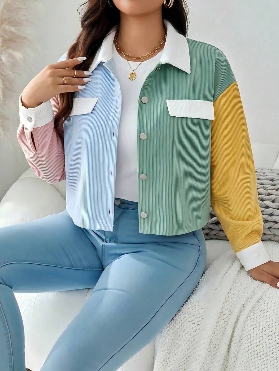 SHEIN LUNE 大码女装秋冬女士休闲拼色前扣落肩加厚保暖夹克 - 彩色 - 查看 1