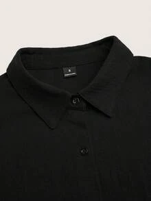 SHEIN Holidaya 女款素色短袖單排扣休閒襯衫 - 黑色 - 查看 6