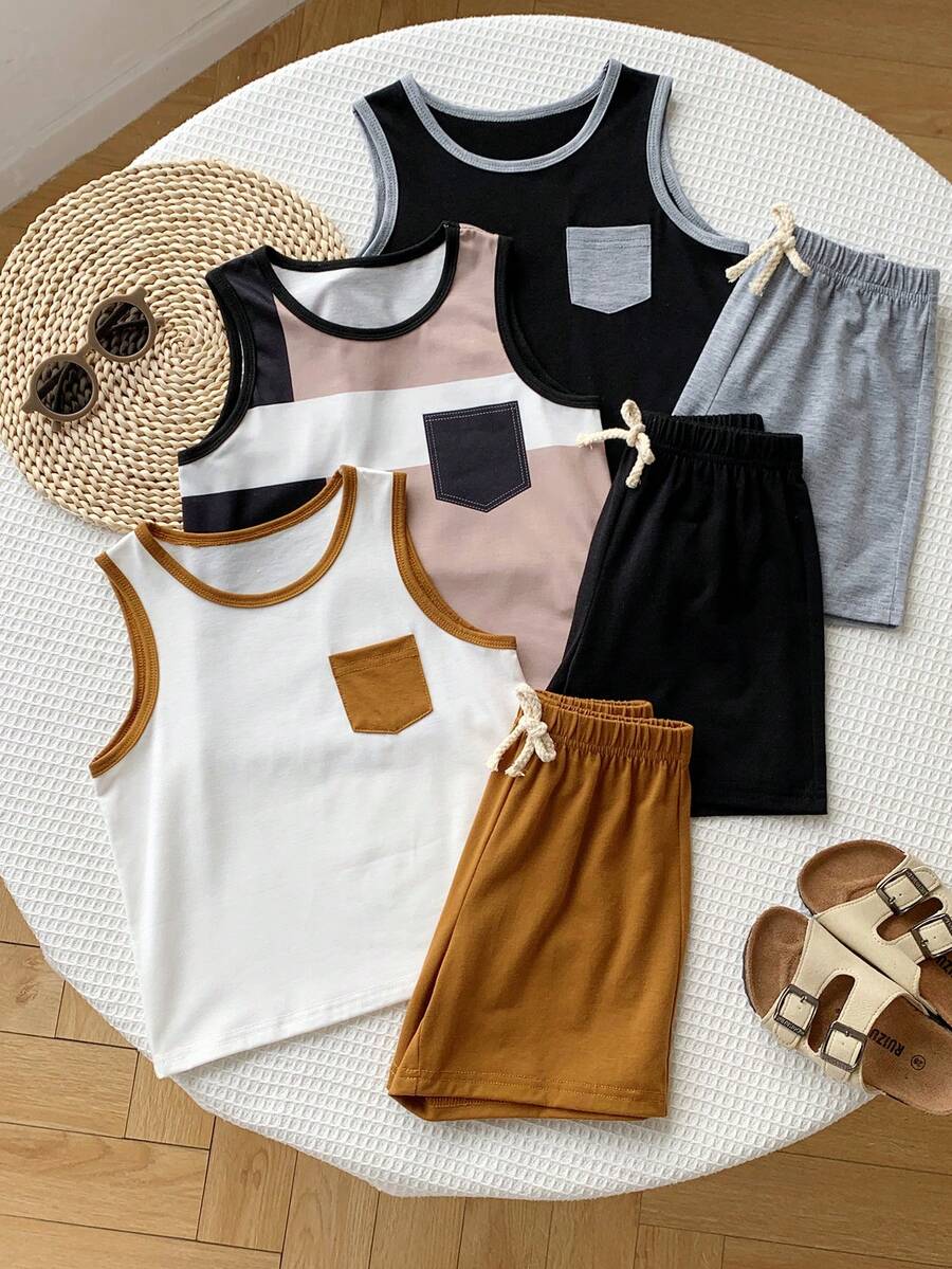 SHEIN 6件組男童休閒無袖圓領上衣與短褲兩件套，買2送1，舒適百搭，適合學校、花園、海灘、生日，適用於春、夏、秋、冬