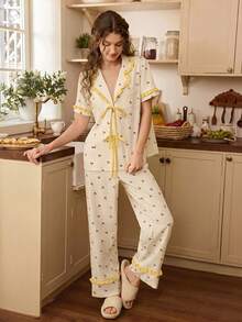 SHEIN Cherry Plaid Print Patchwork Solid Color Ruffle Bow Romantic Ladies Pajama Set - Yellow - View 3