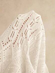 Anewsta Top tricoté vintage pour femmes avec col polo, manches bouffantes ajourées à motif floral, été - Beige - Voir 8