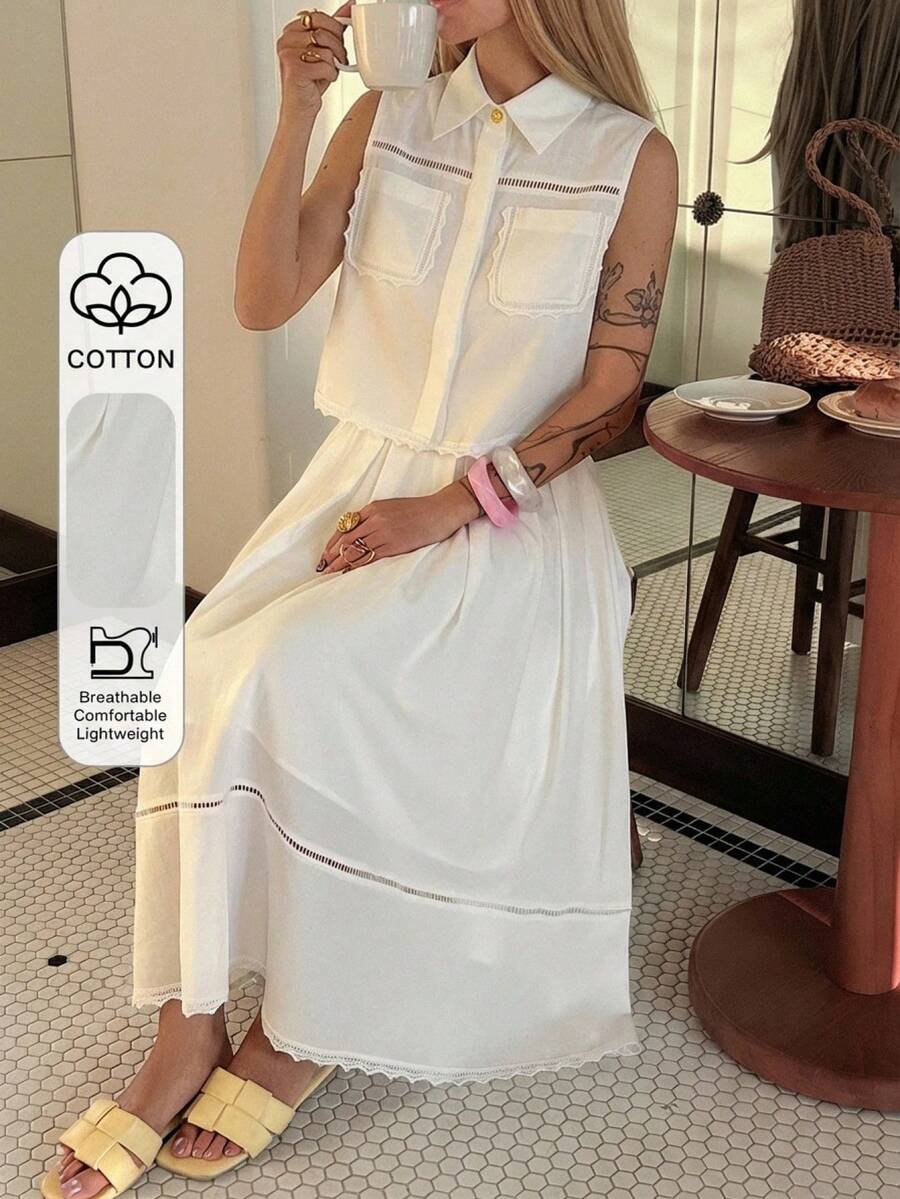 DAZY 春夏季女款優雅蕾絲拼接口袋襯衫 & 裙子 2件套 - 白色 - 查看 1